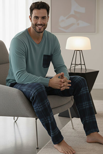 Bravie Set pijamale termice de lux pentru bărbați 9731 verde apă