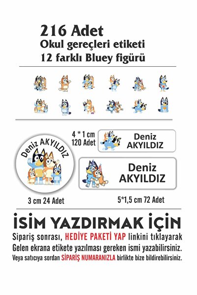 Vice Kişiye Özel Bluey Temalı Etiket ( 216 Adet Defter Kalem okul etiketi )