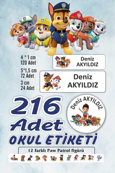 Vice Kişiye Özel Paw Patrol Temalı Etiket ( 216 Adet Defter Kalem okul etiketi)