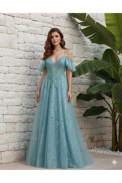 MAKKASMODA MİNT YEŞİLİ İP ASKILI GENİŞ ETEKLİ ÜSTÜ TAŞ BONCUK İŞLEMELİ ABİYE ...