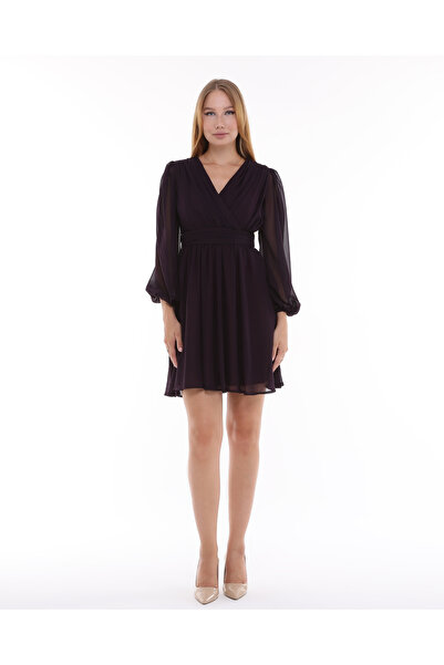 Asees Kruvaze Yaka Korsajlı Büzgülü Şifon Elbise