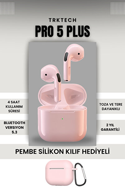 TrkTech Kılıf Hediyeli Pembe Pro 5 Plus Premium A Kalite Bluetooth Sürüm 5.3 Bluetooth Kulaklık