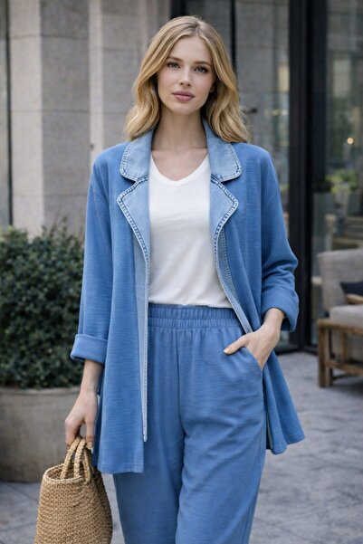 EDL Kadın 3 lü Takım Kot Detaylı Ceket Pantolon tişört  - Aerobin Keten