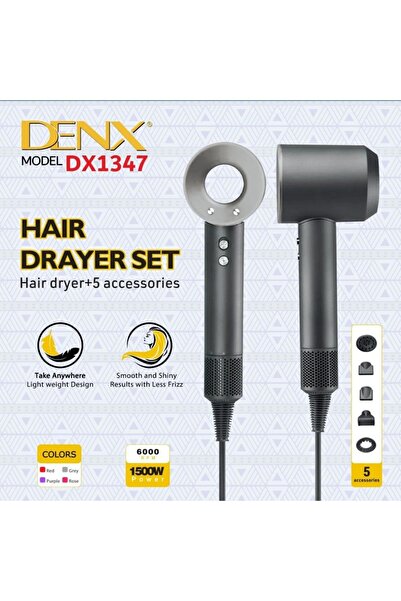 Generic مجفف شعر أيوني عالي السرعة من دينكس، 6000 دورة في الدقيقة، طاقة 1500 واط، و5 رؤوس مختلفة، DX1347