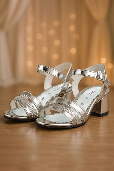 hapshoe Silver Gray Patent Leather Stoned Thick Girl's Evening Dress Heeled S...