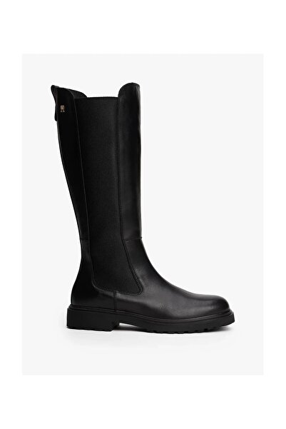 Tommy Hilfiger TH Deri Tırtıklı Tabanlı Uzun Kadın Siyah Bot FW0FW08985BDS