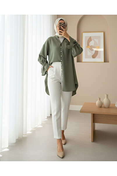 Modamorfo Long Button Back Shirt with Sleeve Laces - Khaki