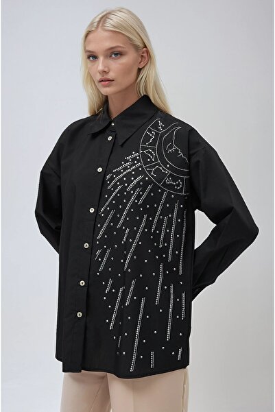 Lijuri Cămașă din poplin brodat cu piatră cu figură de lună neagră 3440