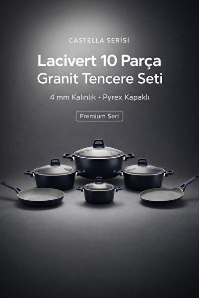 YUNUSOĞLU HOME طقم أواني طهي من الجرانيت من سلسلة كاستيلا باللون الأزرق الداكن، 10 قطع - سمك 4 مم، مع أغطية من البيركس
