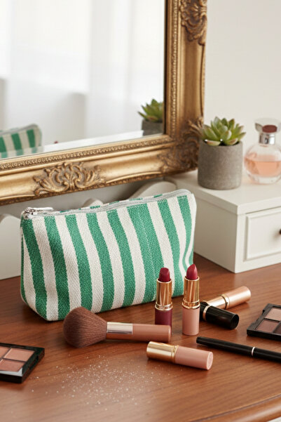 monangel Women's Zippered Canvas Striped Makeup Bag with Knitted Detail