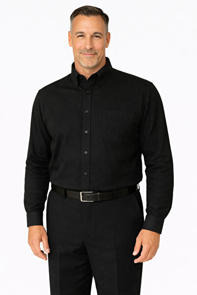 BURSPA Rahat Kesim Düz Kışlık Tek Cep Siyah Erkek Baba Gömlek