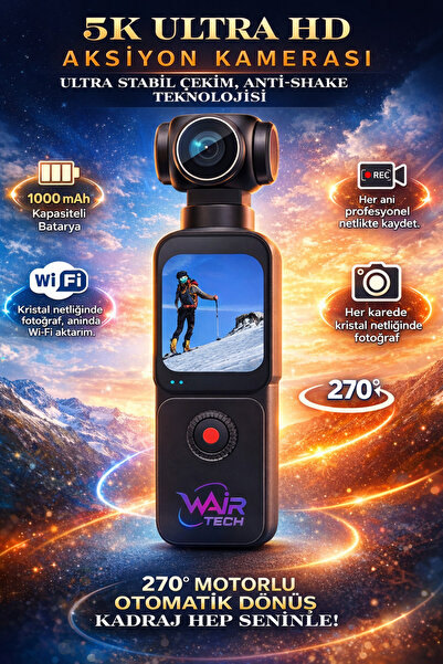 Wair Teknoloji 5K Ultra HD Döner Başlıklı Mini Aksiyon Kamera 16MP Geniş Açı ...