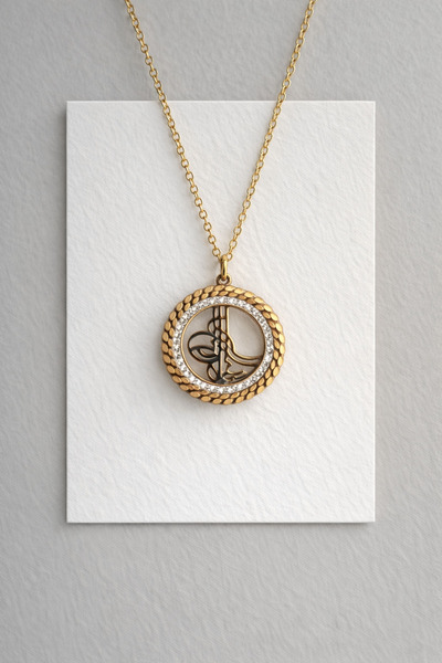 Owentis قلادة Tuğra من الفولاذ المقاوم للصدأ بحجر ذهبي - لا تشويه -