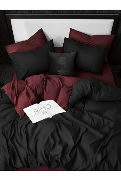 Rimo Home LASTİKLİ ÇARŞAFLI ÇİFT KİŞİLİK NEVRESİM TAKIMI BLACK BORDEAUX