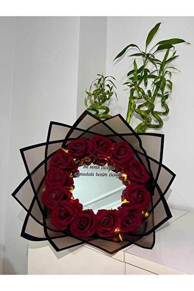 Pretty Ledli Bordo Gül Buketi Aynalı Buket Doğum Günü Buketi Sevgililer Günü ...
