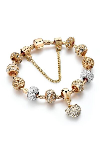 KUMİ 14k Altın Kaplama Avusturya Kristali Kalp Detaylı Charmlı Kadın Bileklik