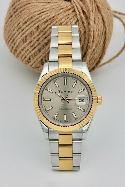 TOMRİS ساعة يد رجالية من الفولاذ بالكامل، مقاومة للماء، حزام أصفر وأبيض، قرص كريمي اللون