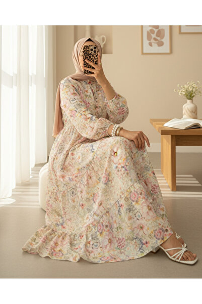 HİJABAYA Yarım Düğmeli Kolu Lastikli Çiçek Baskılı Elbise