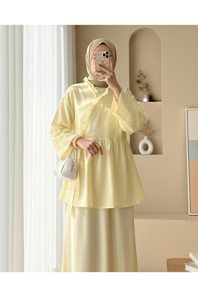 HİJABAYA Yakası Fırfırlı Yandan Bağlamalı Keten Kimono