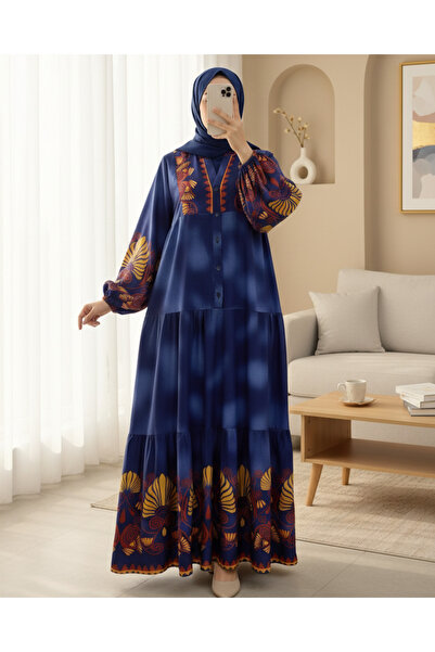 HİJABAYA Φόρεμα με ψηλό γιακά με μισό κουμπί και ελαστικό μοτίβο