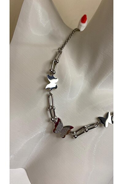 GÜLNAR BİJUTERİ Silvery Butterfly Detail Necklace in Stainless Steel