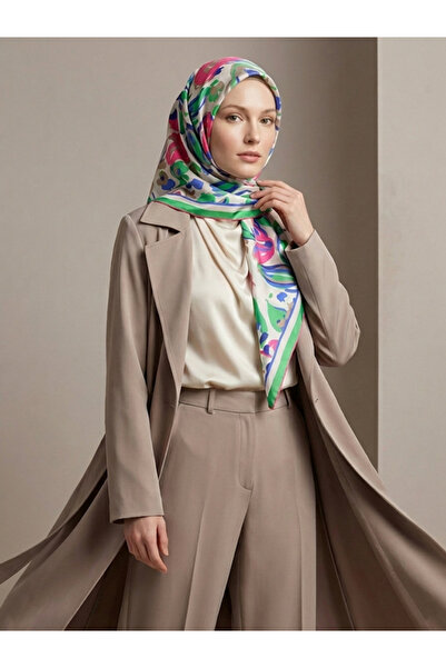 Silk Home Kadın Yeşil Fuşya Çiçekli Desen Twill ipek Eşarp