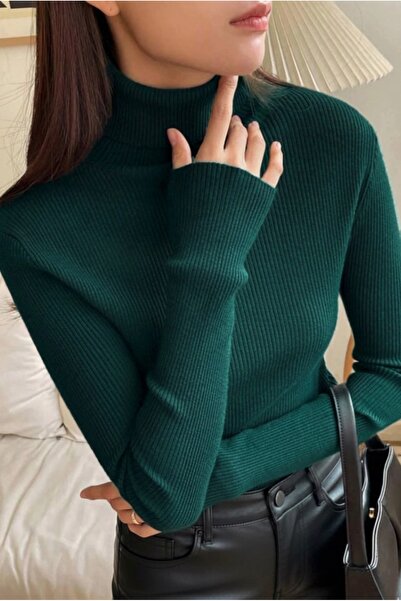 Buteks Unisex Zümrüt Yeşil Premium Pamuklu Balıkçı Yaka Kaşkorse Şardonlu Sli...