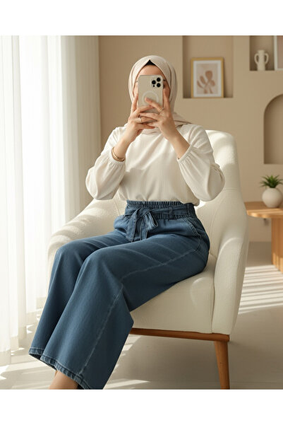 HİJABAYA Beli Kuşaklı Lastikli Cepli Kot Pantolon