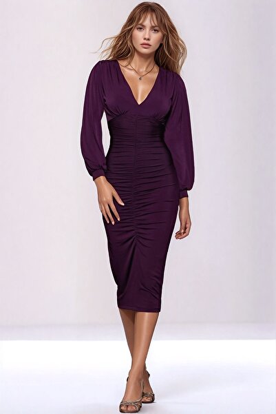 MAMAYAGA Kadın Büyük Beden V Yaka Önden Büzgülü Uzun Kol Mürdüm Rengi Şık Cur...