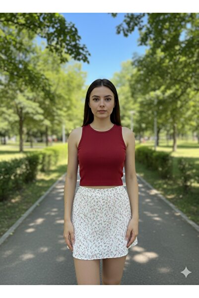 LADY HAZAL Burgundy Halter Neck Crop Top Darkalıp Ribbed Thin Bias Bustier