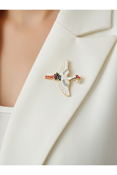 MODAMİRA AKSESUAR Leylek Figürlü Sallanan İnci Detaylı Broş