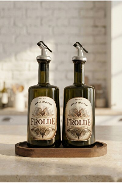 Frolde Ahşap Stantlı 2'li Amber 500 ml Cam Ayçiçek Yağı Zeytinyağı Şişesi Yağ...