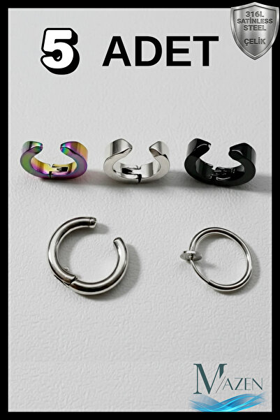 MAZEN 5'li Set Çelik Sıkıştırmalı Erkek Küpe - Deliksiz Kulaklara Uygun Fake ...