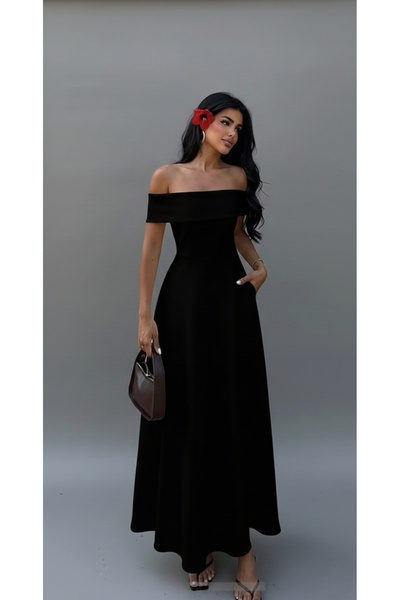 Şayse Design Siyah Midi Boy Elbise /Madonna Yaka Elbise/Cep detaylı A Kesim E...