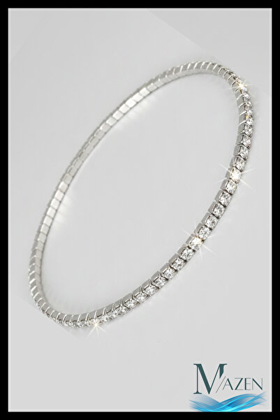 MAZEN 2 mm Zirkon Taşlı Su Yolu Bileklik - Gümüş Renk Esnek Lastikli Kristal Bileklik