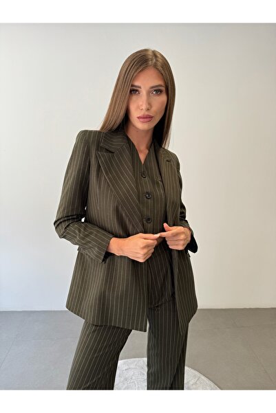 ossons طقم نسائي فاخر مكون من سترة مخططة وبنطلون من 3 قطع - أناقة مكتبية عصرية