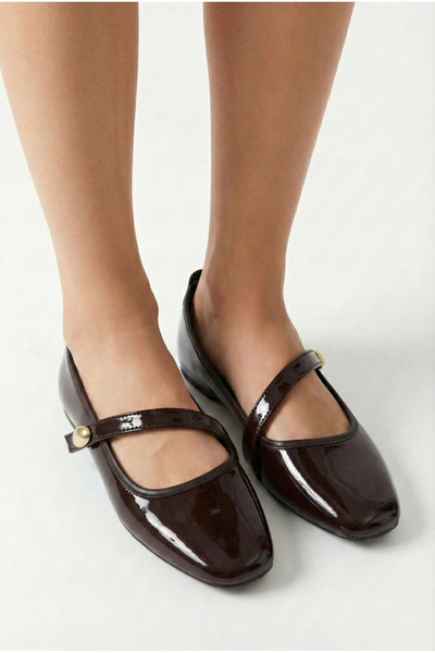 StWenn Patent Leather Bitter Brown Gold Buckle Patent Leather Mary Jane Ballet Flats Stylish Buckle Orthopedic Sole Casual Shoes