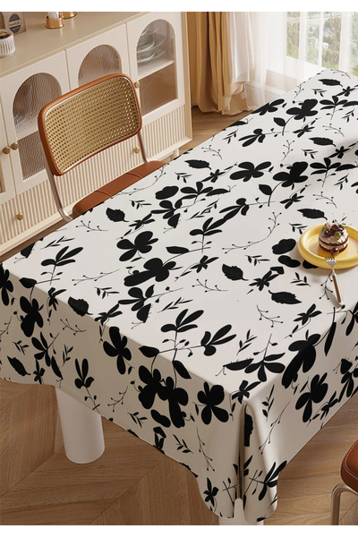 ALAMODECOR Față de masă albă neagră cu flori pentru bucătărie Față de masă pe...