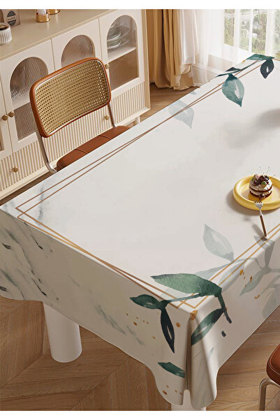 ALAMODECOR Taş Rengi Yeşil Çiçekli Mutfak Yemek Masası Örtüsü Salon Masa Örtüsü