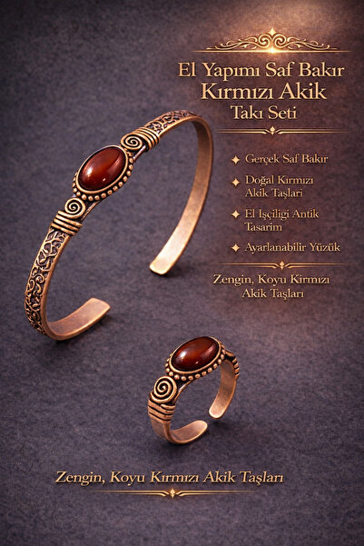 İyyaKee Erkek Kadın Bakır Bileklik Yüzük Set Doğal Kırmızı Akik Taşı Kadın Ke...