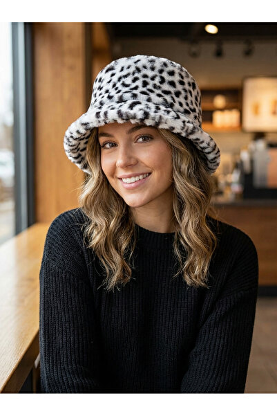 Kapin Siyah Beyaz Leopar Peluş Bucket Şapka - Suni Kürk