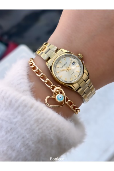 Ferrucci Mini Kasa,Çelik Kordon SARI Renk Kadın Kol saati + İncili Bileklik