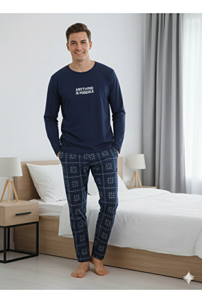 Sude HOMEWEAR Men's Long Sleeve Pajama Set with Pockets Suede Beige Navy Color Special Boxed Shipping