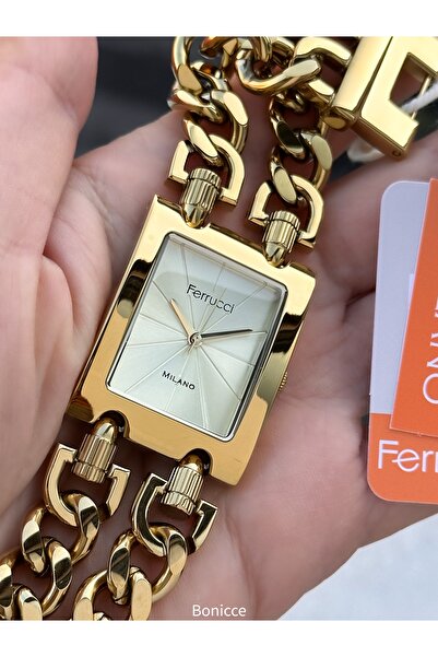 Ferrucci Zincir Çelik Kordon 2 Yıl Garantili Su Geçirmez Sarı Renk Kadın Kol Saati Bileklik