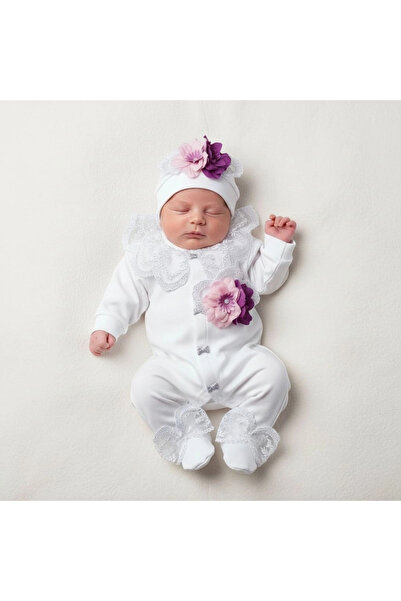 Şeker Tadında Tasarımlar Baby Girl White Guipure Detailed Jumpsuit Set