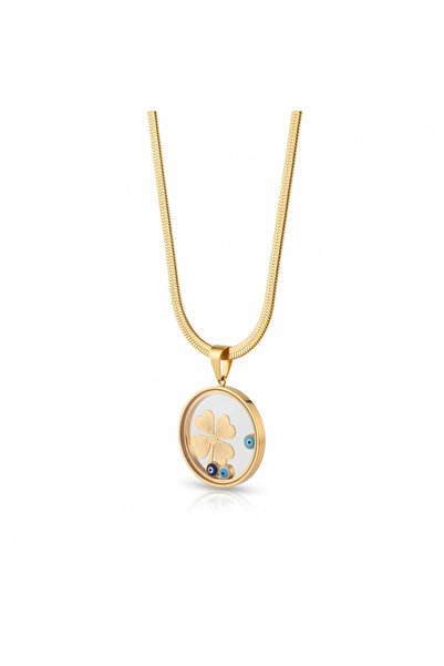 CAXBERN 22 Ayar Altın Kaplama Yonca Cam Çerçeveli Çeyrek Altın Yarım Altın Takılan İtalyan Çelik Kolye