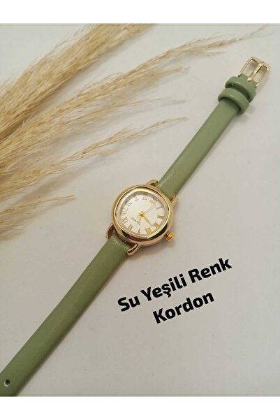 QUARTZ ساعة يد نسائية كلاسيكية مستديرة بأرقام رومانية، حزام بلون أخضر مائي كل...