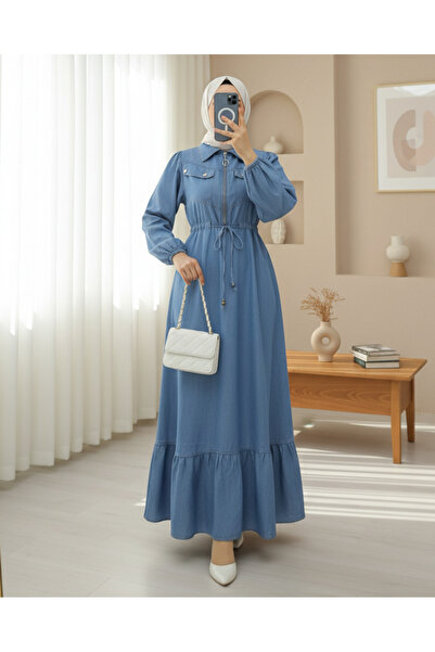 Modamorfo Rochie din denim cu jumătate de fermoar și buzunar cu șireturi - al...