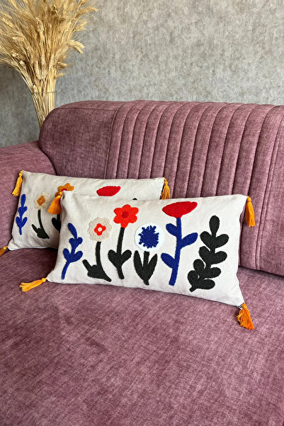 LUGMO 2 bucăți husă de pernă orizontală din țesătură de in brodat cu ciucuri,...