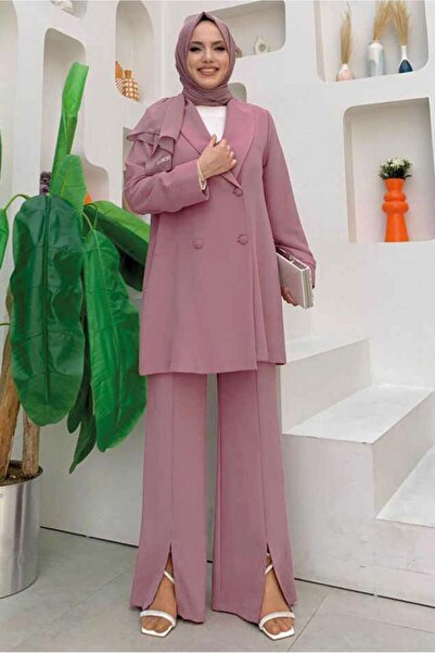 TRENDTESETTÜR KADIN PUDRA KRUVAZE YAKA PANTOLONLU TAKIM T 3928